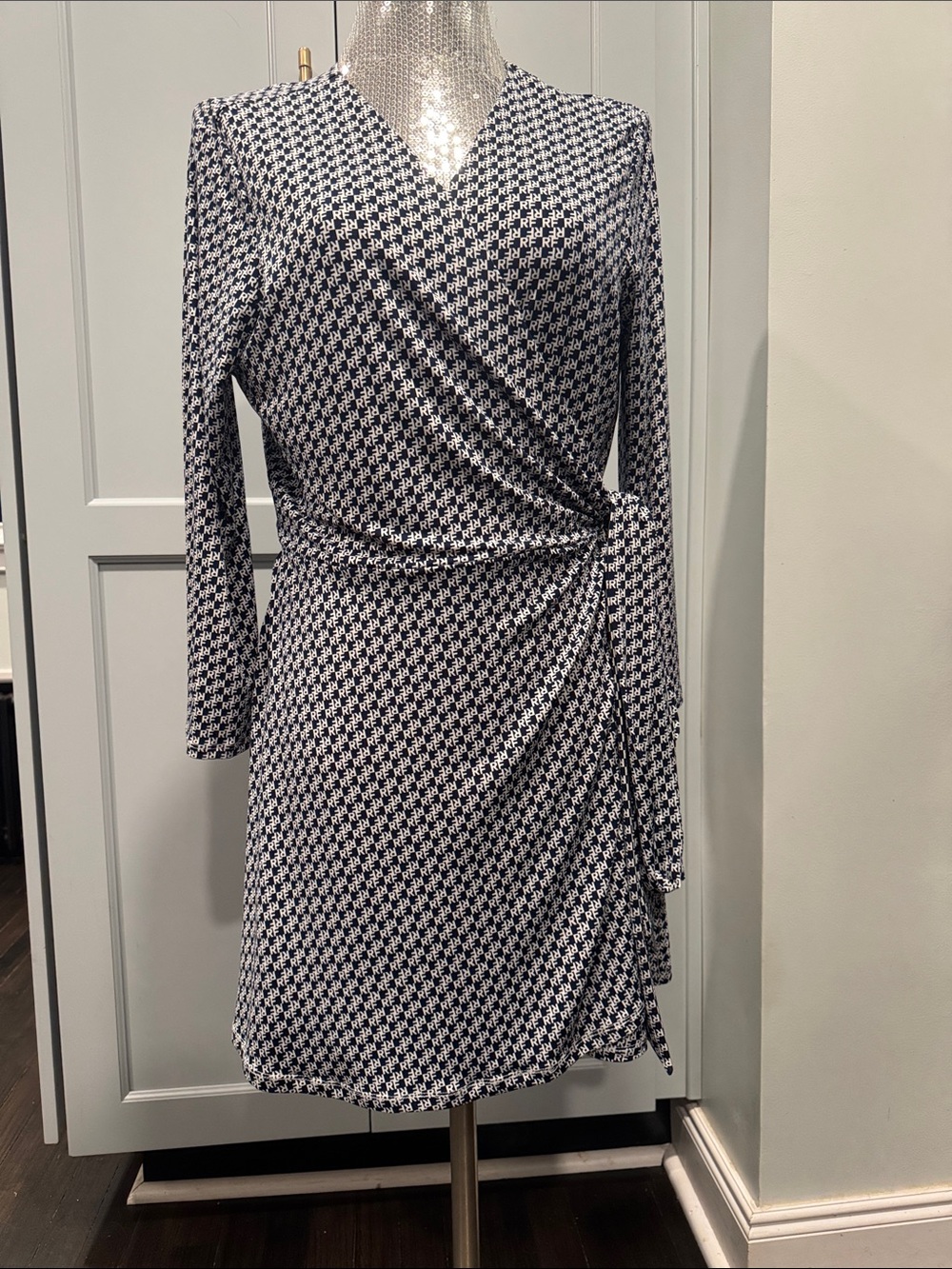 Brooks Brothers Navy and White Printed Wrap Midi Dress